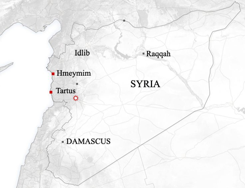 Căn cứ Hmeymim và Tartus nằm sâu trong lãnh thổ do quân đội Syria kiểm soát. Đồ họa: Newsweek.