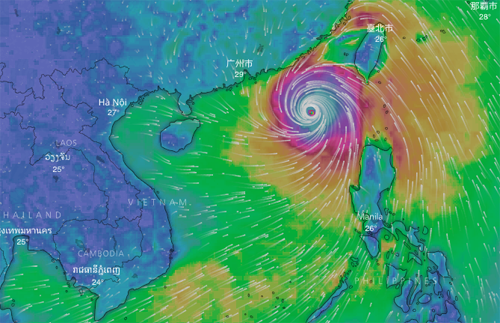 Dự báo cấp gió bão MANGKHU vào chiều 16/9. Nguồn: Windy.