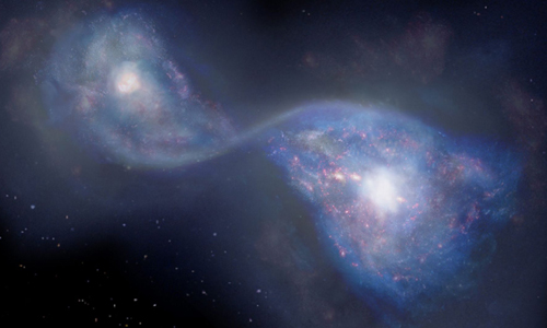 Minh họa hai thiên hà sáp nhập thành B14-65666. Ảnh: NAOJ.