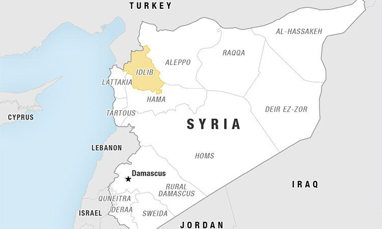 Vị trí tỉnh Idlib (màu vàng) của Syria. Đồ họa: NPR.