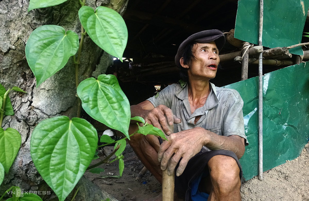 Hồ Văn Lang và cây trầu anh trồng bên căn chòi lá trên rẫy. Ảnh: Phạm Linh.