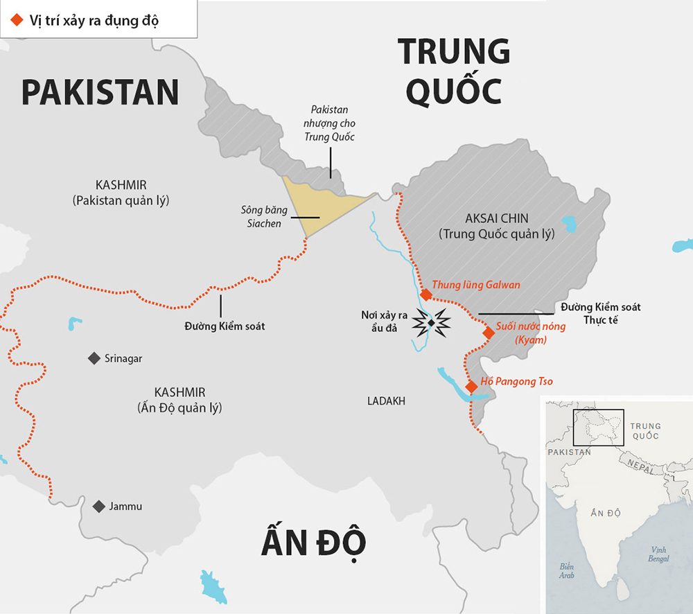 Vị trí binh sĩ Ấn Độ và Trung Quốc ẩu đả chết người tối 15/6. Đồ họa: Telegraph.