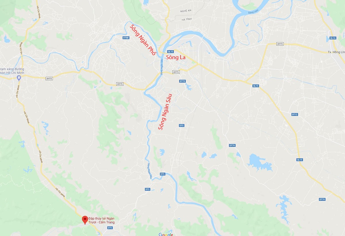 Vị trí các nhánh sông nối với đập dâng Ngàn Trươi - Cẩm Trang. Ảnh: Google Maps;