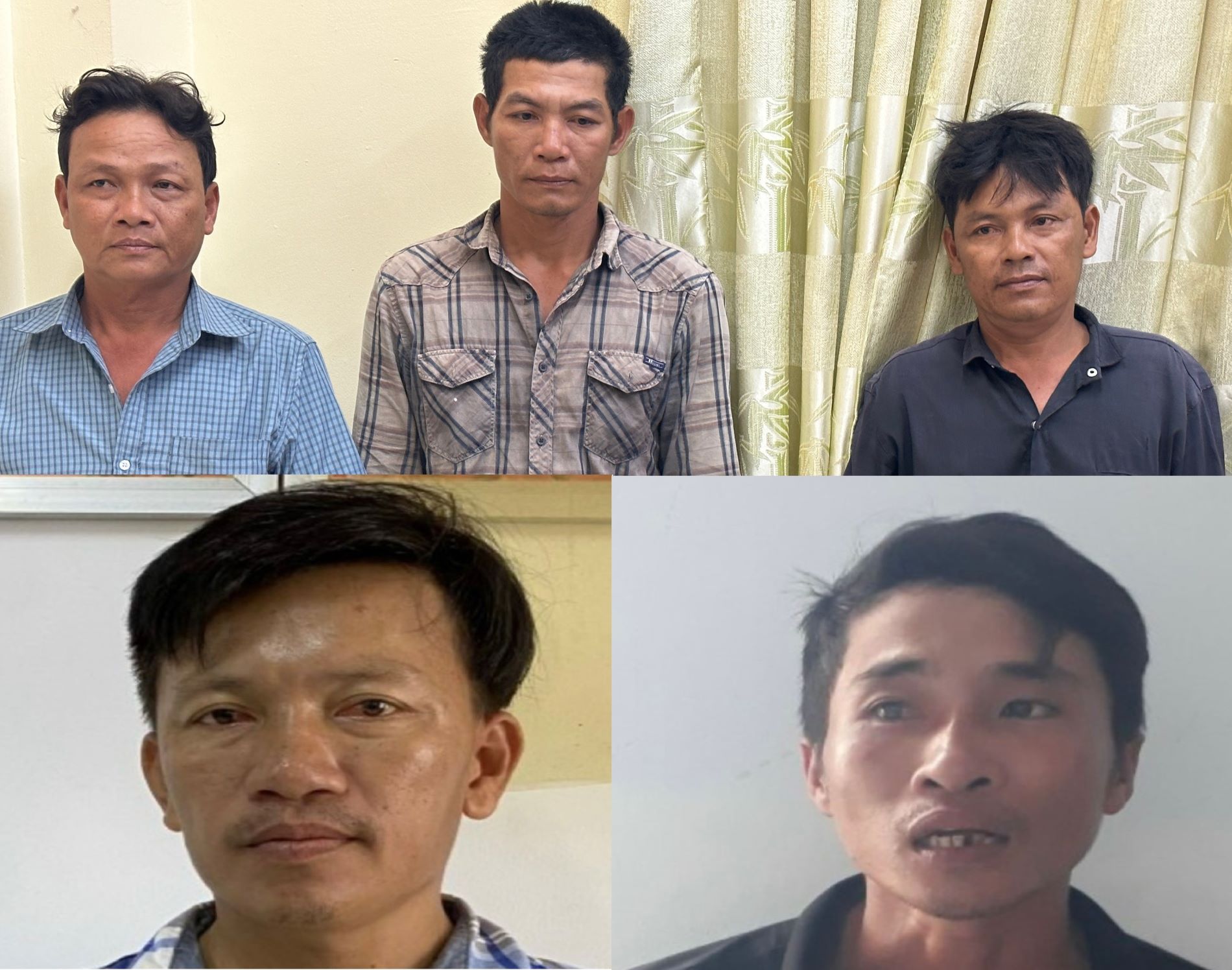 Lơ, Hoàng, Châu (hàng trên từ trái qua) cùng Linh và Giới (hàng dưới). Ảnh: Công an Cà Mau